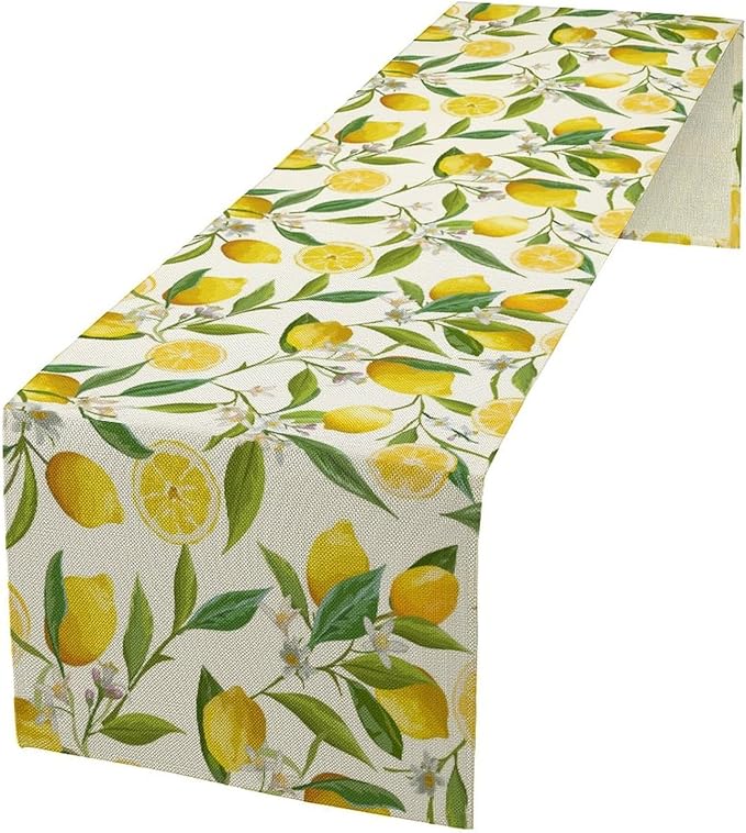 Lemon Table Runner, Summer Fruits Green Leaves Flower Plant Table Runner for Farmhouse Coffee Home Kitchen Dining Party Outdoor 13x70in