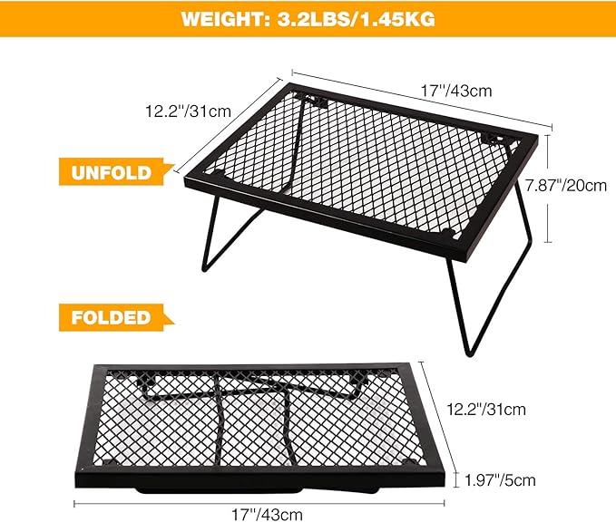17" Folding Campfire Grill Grate, Portable Heavy Duty Steel Over Fire Camp Grill for Outdoor Camping Cooking Fire Pit, Black