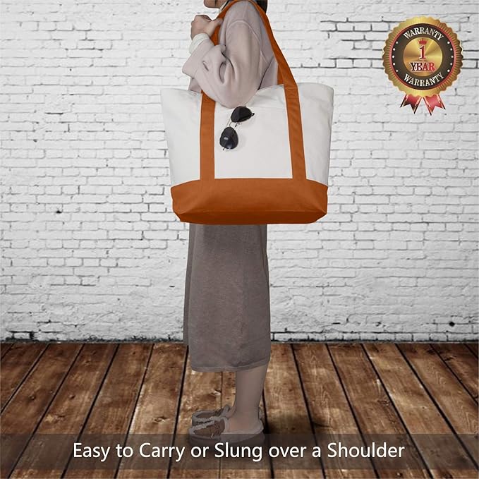 TOPDesign 3-Pack Canvas Tote Bags with an External Pocket, Reusable Grocery Shopping Bags, Top Zipper Closure, Daily Essentials (Orange/Natural)