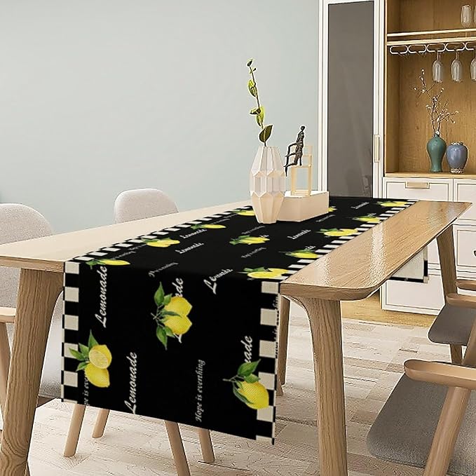 Lemon Table Runner,White Black Buffalo Plaid Watercolor Summer Fruit Print Table Runner for Kitchen Dining Table Indoor Outdoor Home Party Decor 13x120in