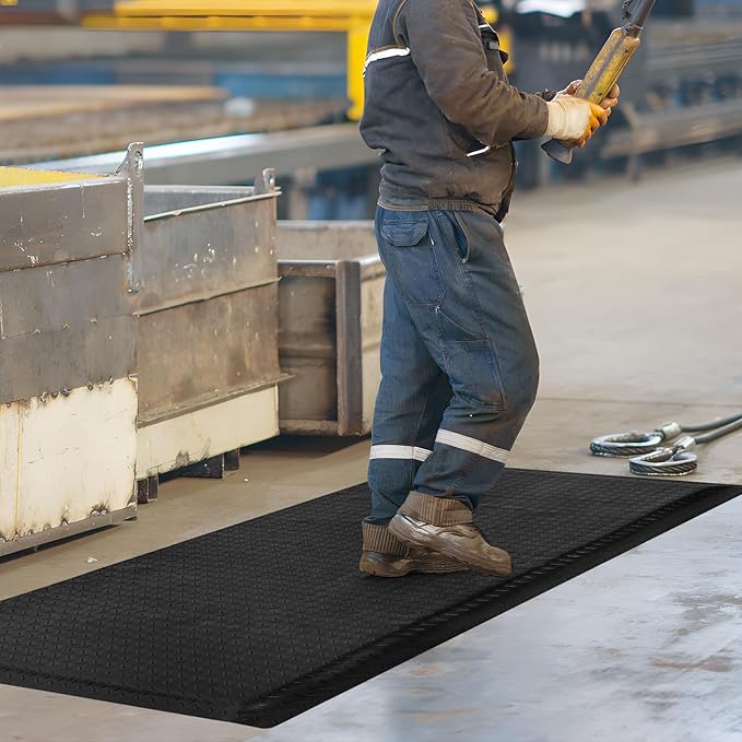 Nisorpa Anti Fatigue Mats Industrial 3' x 6' Ergonomic Standing Mat 15/16" Extra Thick Kitchen Mat for Standing Heavy Duty Commercial Diamond Plate Border Safety Support for Leg & Back Pain, Black