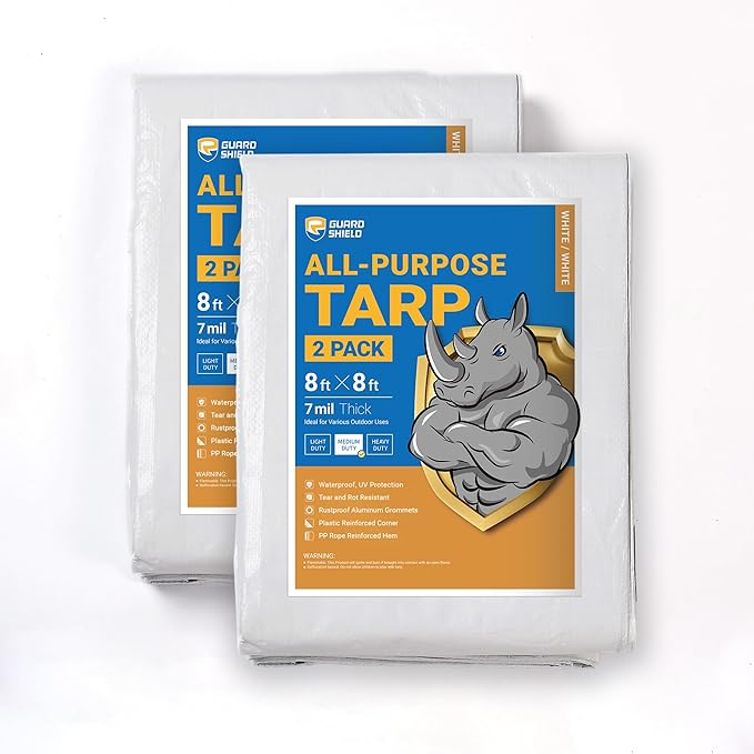 GUARD SHIELD White Tarp 8x8 Feet Medium Duty All Purpose Poly Tarps Cover 7mil (2-Pack)