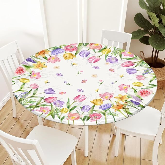 Spring Summer Easter Round Fitted Tablecloth with Elastic Edge Tulip Lavender Floral Circle Table Cloth for 36-40" Tables Wipeable Waterproof Farmhouse Flowers Table Cover for Picnic Dining Outdoor
