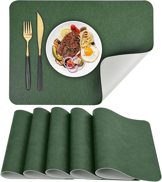 Faux Leather Placemats Set of 6 Table Mats Heat Resistant Reversible Place Mats, Waterproof Wipeable Dining Table Placemats for Home Party Outdoor, 15.8 × 11.8 inches (Green/Grey)