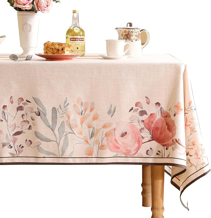 Linen Square Tablecloth,French Vintage Pink Floral Pattern Wrinkle Free Tablecloths,Decorative Table Cover for Kitchen,Dining,Thanksgiving,Christmas,Tea Party,67"*67"-Sloosa