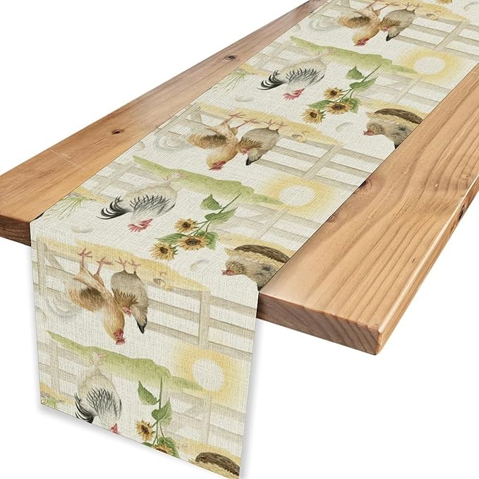 Farmhouse Rooster Table Runner, Sunflower Rooster Retro Farmhouse Sun Country Wooden Fence Chicken Coffee Table Center Decor for Home Kitchen Dining Patio Holiday Party Table Decorations 13"x90"