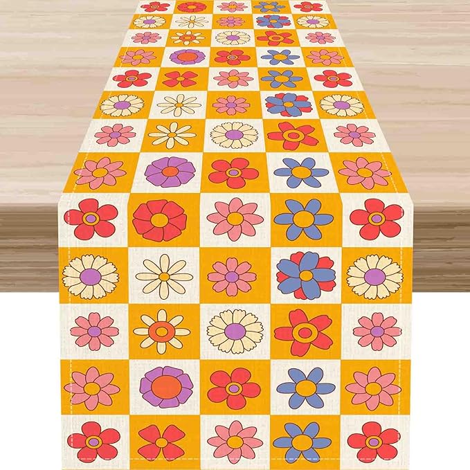 70s Table Runner, Retro Groovy Hippie Daisy Floral Colorful Checkered Funky Trippy Coffee Table Center Decor For Home Kitchen Dining Patio Holiday Party Indoor Outdoor Table Decorations, 13"x108" Inch