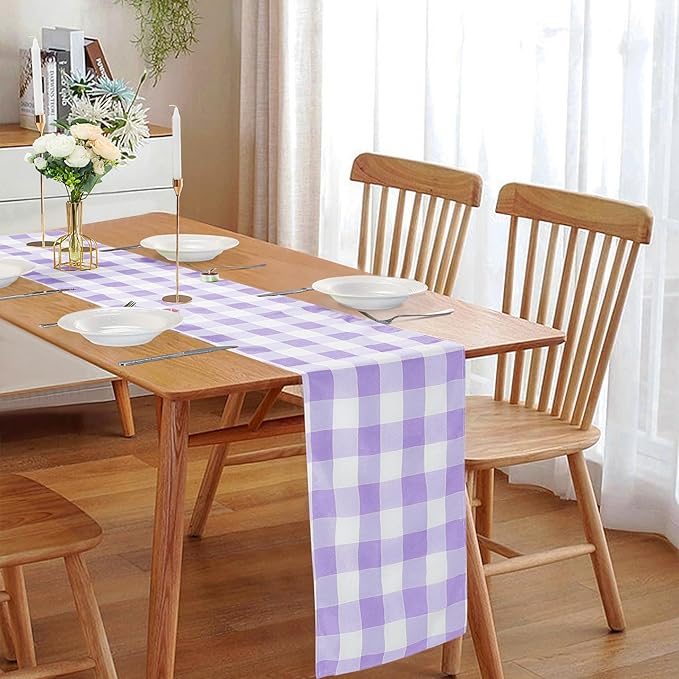 Fabric Checkered Table Runner 6 Pack Waterproof Gingham Table Runner 14W x 108L Buffalo Check Table Runners for Parties Kitchen Dining Wedding Banquet (Lavender and White)