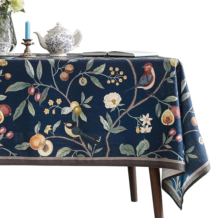 Linen Table Cloth Rectangle,Wrinkle Resistant French Blue Tablecloth Print with Froal,Decor Stitch Table Cloth for Thanksgiving,Dining Room,Home,Kitchen 55" × 79"-DeweyA Blue