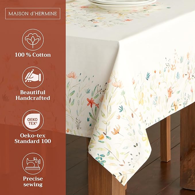 Maison d' Hermine Table Cloth Rectangle Table 100% Cotton 60 x 120 Inches Tablecloth Reusable Decorative Everyday Use for Dining Room, Farmhouse, Home, Party, Festive & Wedding Spring Summer - Colmar