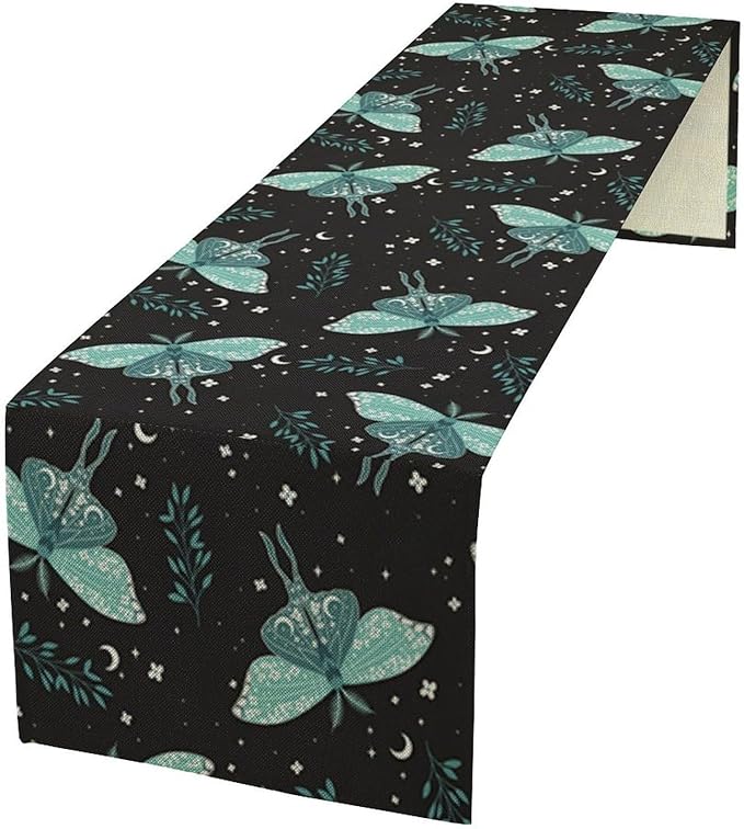 Butterfly Moth Table Runner, Boho Moon Green Leaves Plant Print Table Runner for Farmhouse Kitchen Dining Table Holiday Party Home Decor 13x90in