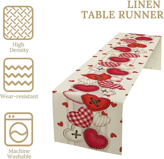 Valentines Day Table Runner,Rustic Red Heart Buttons Runner for Table Seasonal Romantic Decor for Indoor Outdoor Dining Table Decorations, 13"x90"