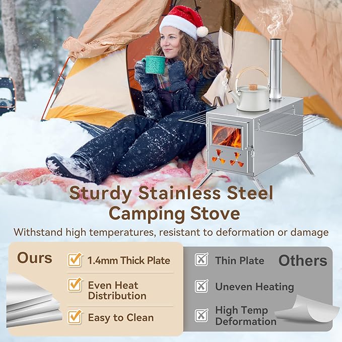 Sauna Hot Tent Stove, Rocket Camping Wood Burning Stove with 8 Stainless Chimney Pipes, Portable Folding Wood Stove for Tent, Outdoor Heating, Cooking, Ice Fishing, Hunting