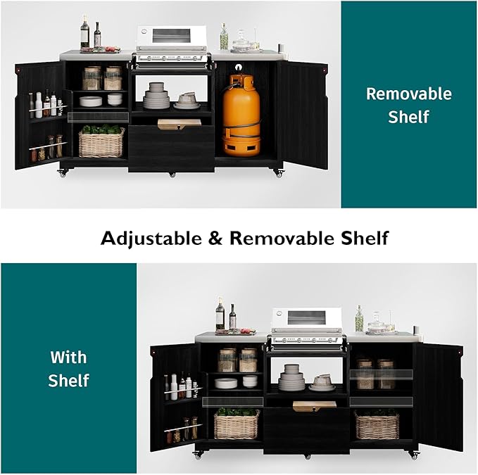 Merax 66.5" Outdoor Grill Table for Big Green Egg, Farmhouse Kitchen Island on Wheels with Stainless Steel Tabletop, Drawer and Spice Rack, Solid Wood Outdoor Storage Cabinet for Backyard, Black