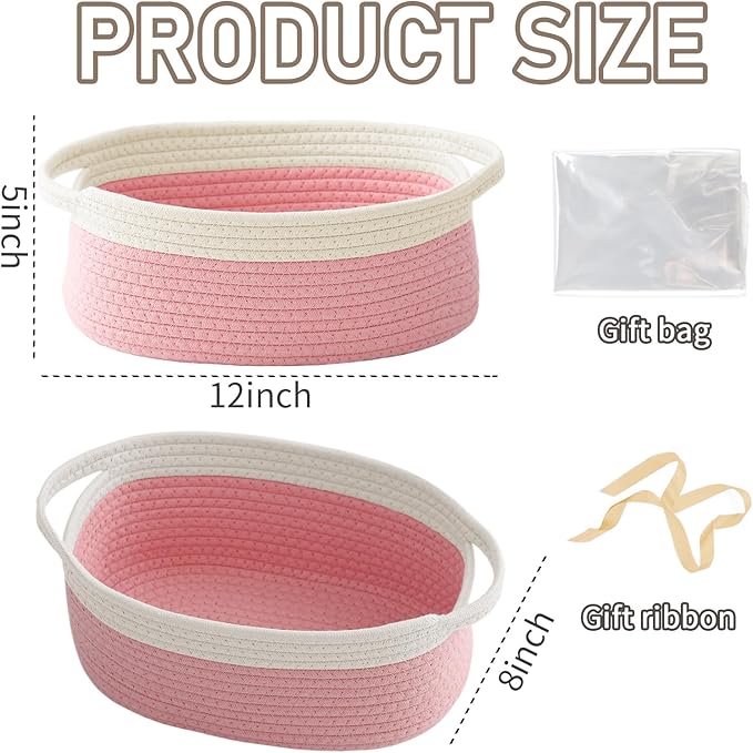 Woven Basket,Small Rope Storage Bin with Handles & Ribbon Bag, Organizer for Shelves Closets,Gift Basket Empty for Birthday,Books,Dog Toys, White&Pink/3 Pack