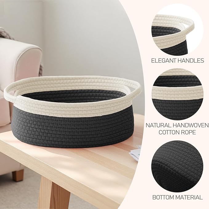 Woven Basket, Small Rope Storage Bin with Handles & Ribbon Bag, Organizer for Shelves Closets,Gift Basket Empty for Birthday,Books,Dog Toys,White&Black/2 Pack
