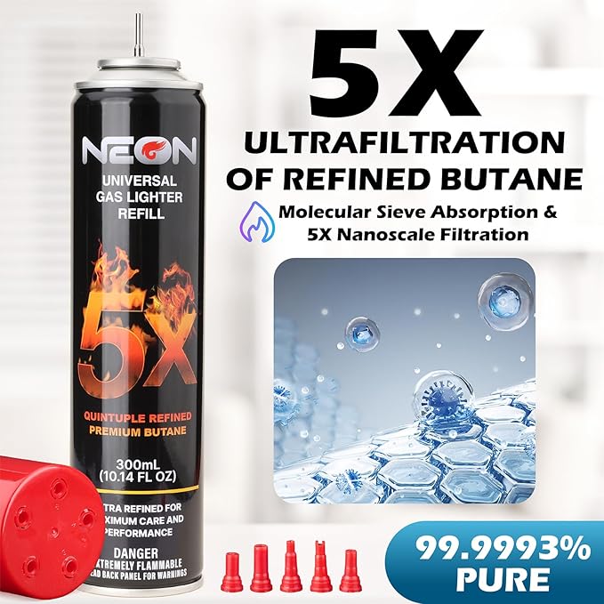 NEON Butane Fuel 300ml, 5X Premium Refined Butane Refill for Torch Lighter, 0 Impurities Lighter Fluid with Metal Nozzle & 5 Butane Gas Refill Adapters for Culinary, Welding, and DIY (6 Cans)
