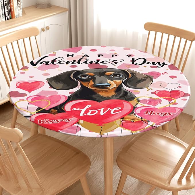 Valentines Day Round Fitted Tablecloth with Elastic Pink Love Heart Dog Circle Table Cloth for 36-40" Tables Wipeable Waterproof Washable Valentine Puppy Table Cover for Picnic Dining Party Decor