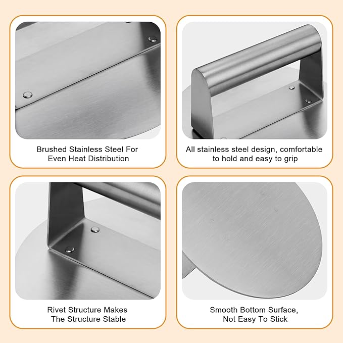 Stainless Steel Burger Press 6.2" Round Smash Burger Press- Pro Non-Stick Burger Smasher for Blackstone/Flat Top Grill, Perfect for Burgers, Bacon | Dishwasher Safe Grill Press