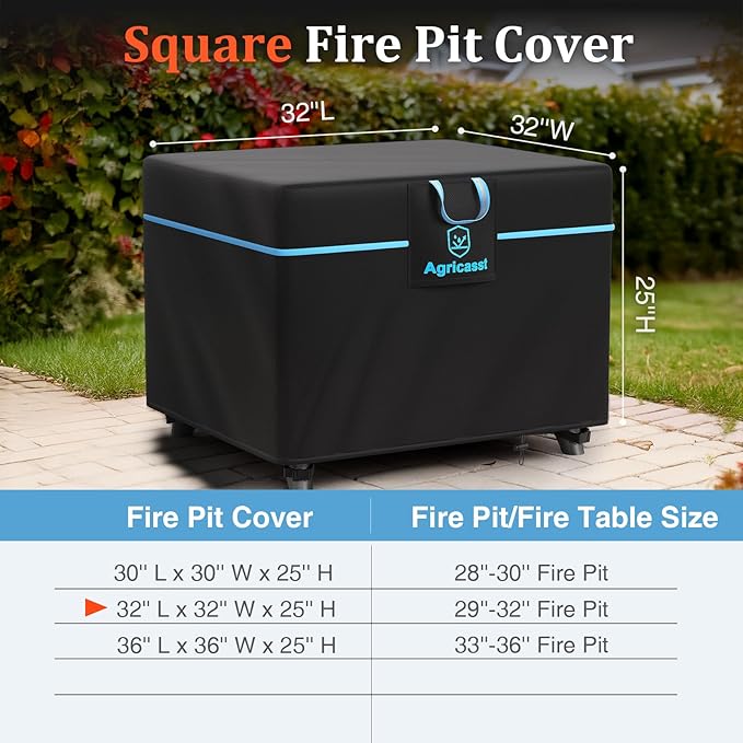 Square Fire Pit Cover for 29-32 Inch Fire Pit, 600D Heavy Duty Fire Table Cover Waterproof Patio Firepit Cover with Air Vent, Handle, 4 Windproof Buckles, Drawstring - 32''L x 32''W x 25''H