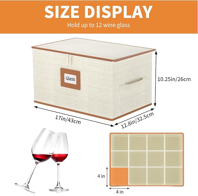 Aokeyee Wine Glass Storage Box Containers with Dividers - 2 Pack Stemware Storage Cases for 24 Crystal Glasses, Drinkware, Hard Shell for Moving & Protection(17'' x 12.8'' x 10.25'', Ivory)