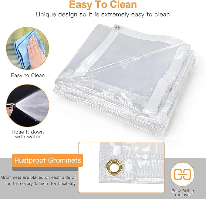 7 x 20FT Outdoor Clear Tarp Curtain Waterproof Wind-Proof 24 Mil Transparent Vinyl Tarp for Patio Pergola Garden Canopy Rainproof Anti-Tear PVC Thick Cover with Grommets