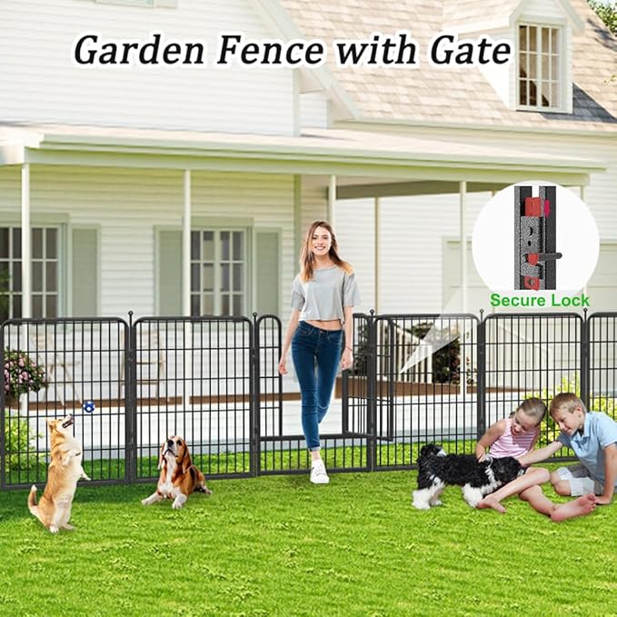 Garden Fence with Gate Metal Fencing Outdoor for Yard, 32in x110ft 48 Panels Outdoor Dog Fence Temporary Fence for Dogs Outside, Rustproof Garden Fencing Flower Bed Edging for Patio