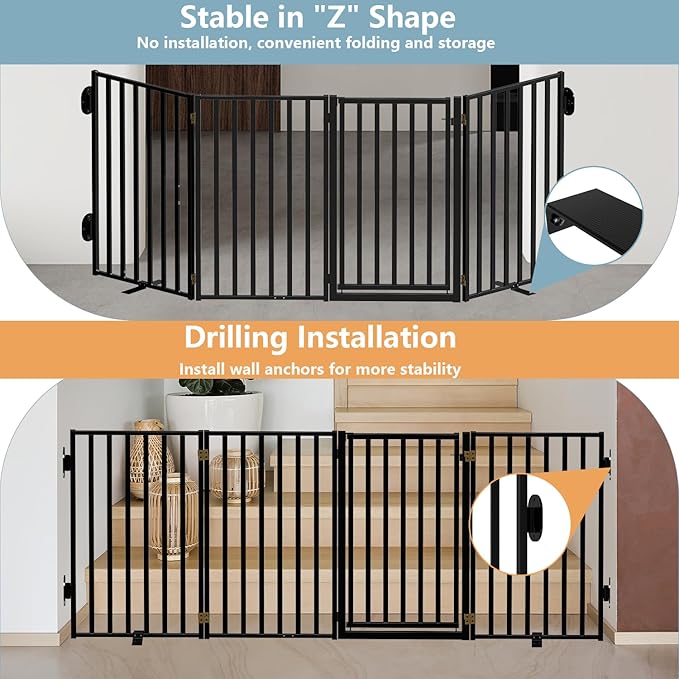 Full Metal Freestanding Dog Gates with Door, 32" Height Dog Fences for Indoor & Outdoor, Extra Wide Foldable Pet Gates for Stairs, Hallways, Doorways, Yard (4 Panels, 80" W × 32" H)