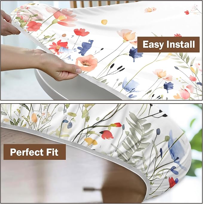 Spring Summer Floral Round Fitted Tablecloth with Elastic Watercolor Farmhouse Wildflower Circle Table Cloth for 48-52" Tables Wipeable Waterproof Easter Flower Table Cover for Picnic Dining Outdoor
