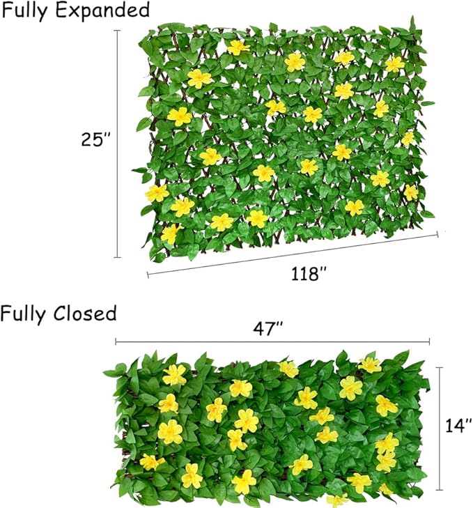 Expandable Fence Privacy Screen for Balcony Patio Outdoor,Decorative Faux Ivy Fencing Panel,Artificial Hedges (Single Sided Leaves) (1, Yellow Flowers)