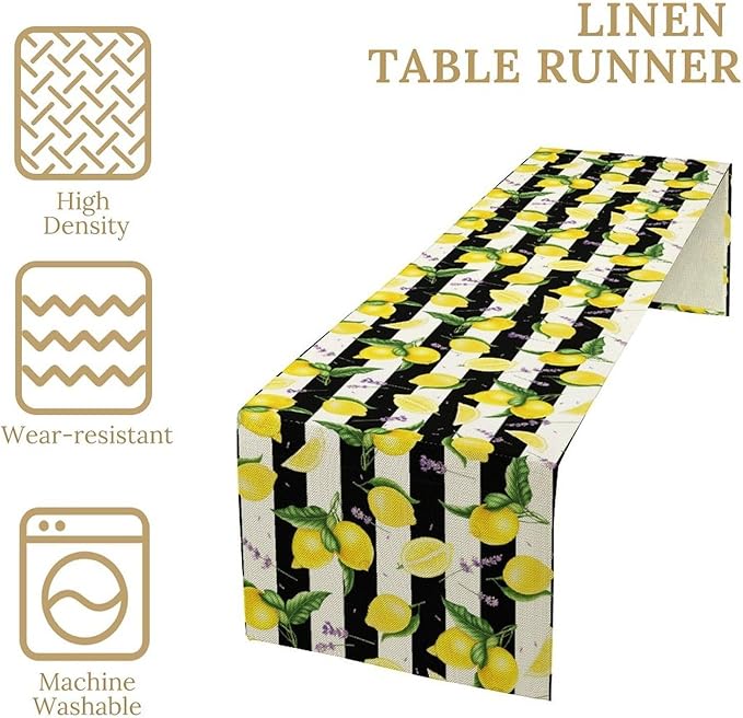 Farmhouse Lemon Fruit Table Runner Nature Aesthetic Black White Stripe Flowers Plant Dining Table Decoration for Home Holiday Party Dresser Kitchen Cabin Restaurant Wedding Decor 13×120in