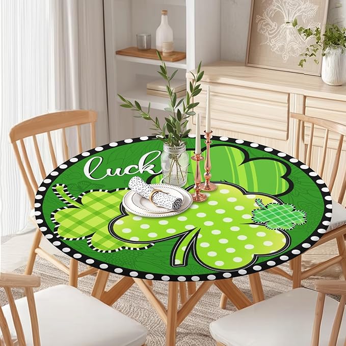 St Patricks Day Round Fitted Tablecloth with Elastic Green Shamrock Lucky Circle Table Cover for 44-48" Tables Spring Clover Wipeable Waterproof Washable Table Cloth for Party Picnic Dining Decor