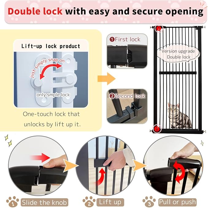 Lumizone Extra Tall Cat Gate 61.02" High Pressure Mounted Extra Wide 34.06"-38.38" (17Sizes) 1.37" Gap No Drilling Auto-Close Tall Pet Gate for Dogs (Black, 34.06"-38.38" W)