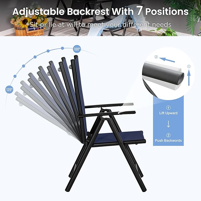 PHI VILLA Patio Dining Set with Outdoor Table and Chairs, Outdoor Dining Table Set for 6 with Adjustable Foldable Patio Chairs & Metal Steel Table for Garden, Blue
