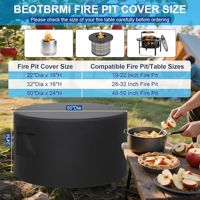 50" Dia X 24" H Fire Pit Round Cover, Outdoor Firepit Cover for 48-50 inch Fire Pit Table, Heavy Duty Polyester with PVC Coating Material, Waterproof, Tear Resistant with Drawstring, Air Vent