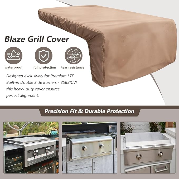 Cover for Lynx Double Side Burner Built-in,Heavy Duty 600D Waterproof Outdoor Grill Burner Cover with Plush Lining,28''L x 13''W x 13''H,Khaki