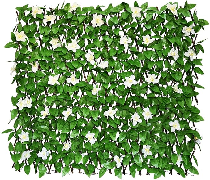 Expandable Fence Privacy Screen for Balcony Patio Outdoor,Decorative Faux Ivy Fencing Panel,Artificial Hedges (Single Sided Leaves) (2, White Flowers)