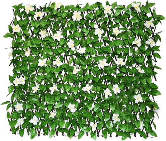 Expandable Fence Privacy Screen for Balcony Patio Outdoor,Decorative Faux Ivy Fencing Panel,Artificial Hedges (Single Sided Leaves) (2, White Flowers)