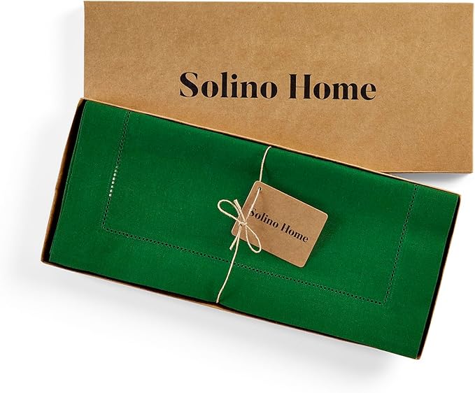 Solino Home Linen Table Runner 60 Inches - 100% Pure Linen Garden Green Hemstitch Table Runner 14 x 60 Inch Ideal for Dresser and Coffee Tables - Classic Hemstitch - Winter, St Patricks Day, Easter