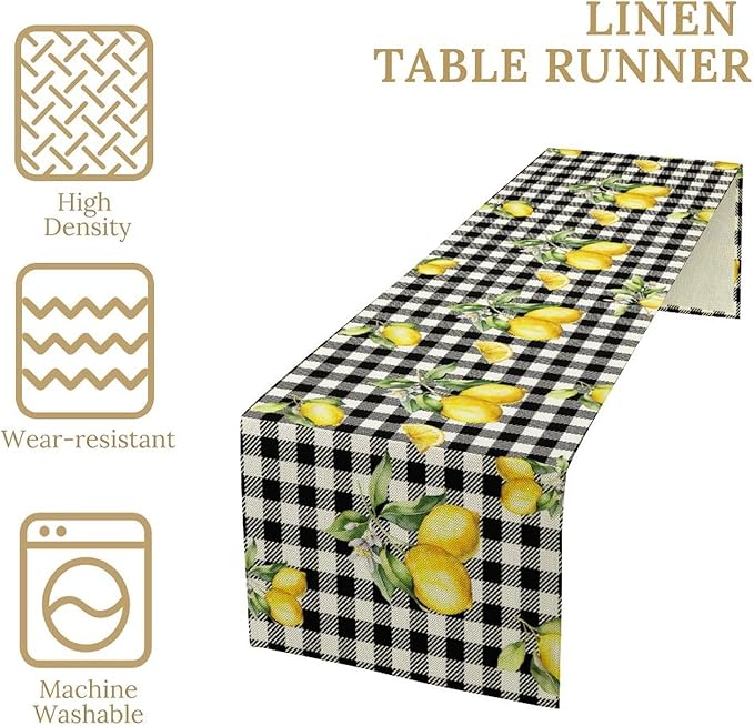Fresh Lemon Table Runner, Yellow Lemon Black White Buffalo Check Plaid Table Runner for Farmhouse Coffee Home Kitchen Dining 13x60in