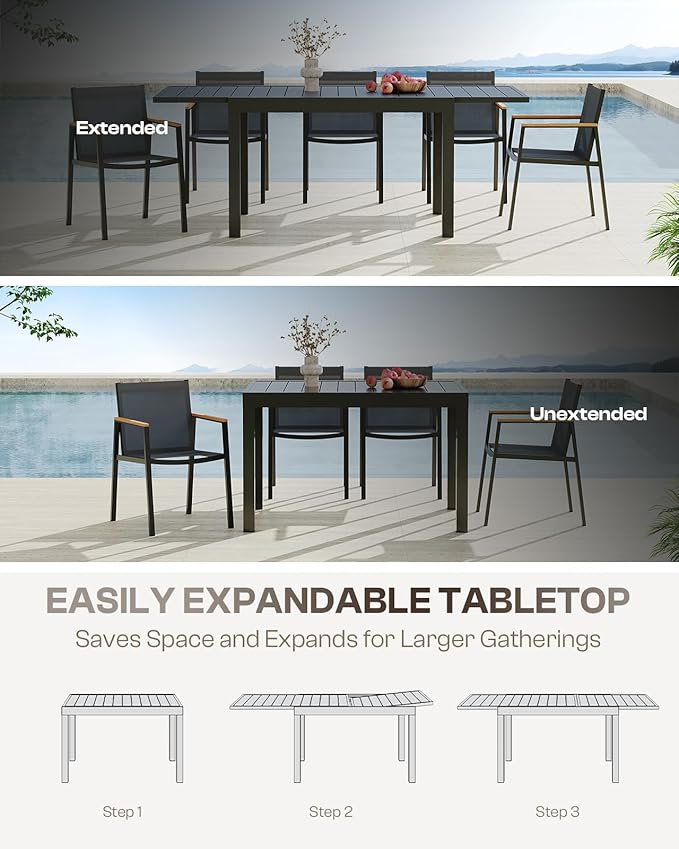 Expandable Outdoor Patio Dining Table Set for 6-8 Person, Aluminum Outdoor Table and 8 Chairs with Textilene Fabric & HDPS Armrest, All-Weather Patio Furniture Set for Yard, Garden, Gray