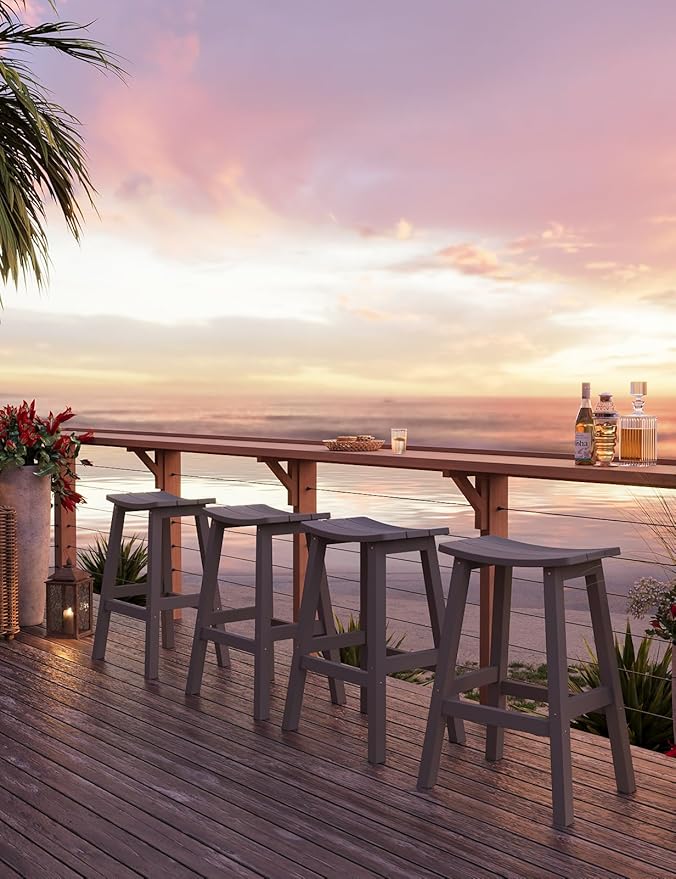 Weatherproof Bar Stools Set of 2, 28" Height Outdoor Bar Stools Holds up to 400 lbs, Saddle Seat, Bar Height Stools for Patio, Garden, and Kitchen Island, Gray