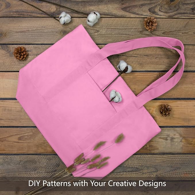 TOPDesign 1-Pack Canvas Tote Bag with an External Pocket, Reusable Grocery Shopping Bag, Top Zipper Closure, Daily Essentials (Pink)