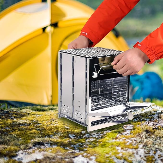 REDCAMP Wood Burning Folding Camp Stove Stainless Steel Grill, Portable Collapsible Backpacking Stove Survival Rocket Stove for Outdoor Tent Camping Hiking Picnic BBQ, Large
