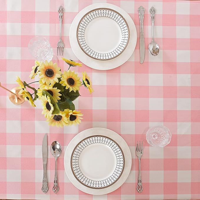 Cupuamon 2 Pack Waterproof Polyester Fabic Rectangle Checkered Tablecloth，60x84 Outdoor Table Cloth，Oil Stain Prevention Table Cloth for Pinics and Parties（Pink and White）