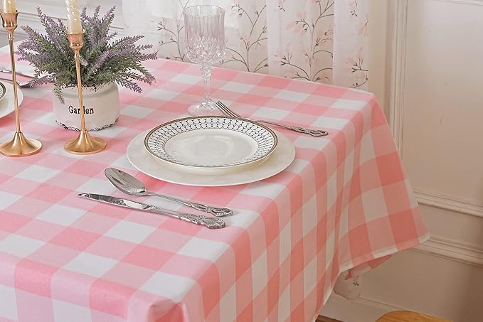 Cupuamon 2 Pack Waterproof Polyester Fabic Rectangle Checkered Tablecloth，60x84 Outdoor Table Cloth，Oil Stain Prevention Table Cloth for Pinics and Parties（Pink and White）