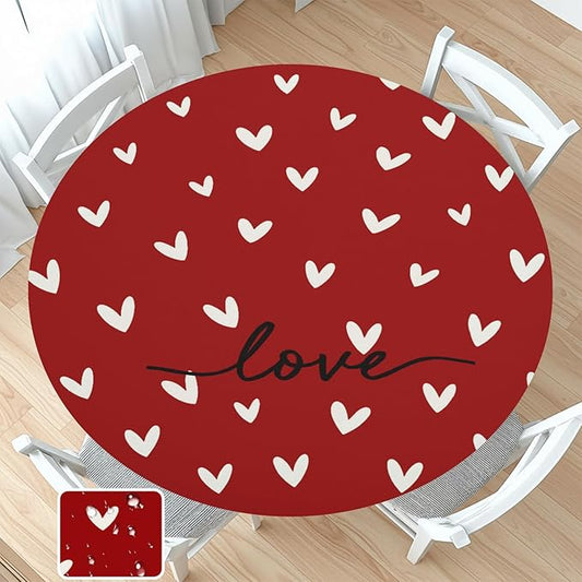 Valentines Day Round Fitted Tablecloth with Elastic Red White Love Heart Circle Table Cloth for 48-52" Round Tables Stretch Waterproof Washable Valentine Table Cover for Picnic Dining Party Decor
