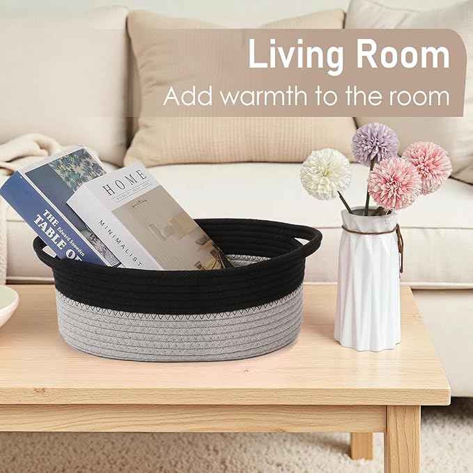 Woven Basket,Small Rope Storage Bin with Handles & Ribbon Bag, Organizer for Shelves Closets,Gift Basket Empty for Birthday,Books,Dog Toys, Black&Grey/2 Pack