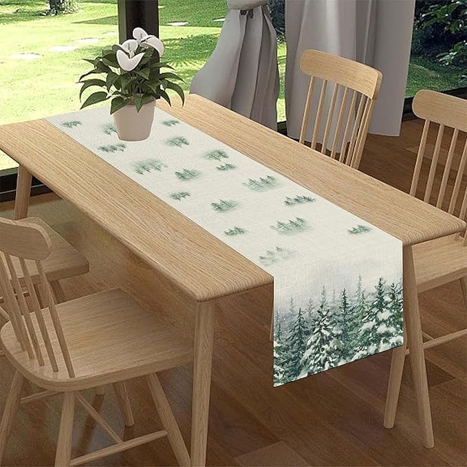 Forest Table Runner, Rustic Farmhouse Mountains Birds Pine Tree Woodland Jungle Cottage Country Coffee Table Center Decor for Home Kitchen Dining Patio Holiday Party Table Decorations, 13"x72" Inch