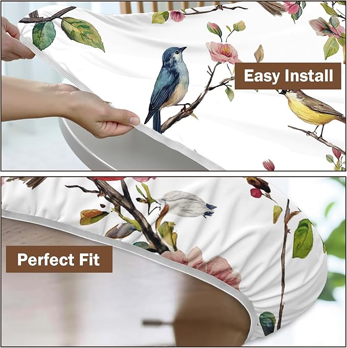 Spring Summer Round Fitted Tablecloth with Elastic Edge Bird Floral Easter Circle Table Cloth for 36-40" Round Tables Wipeable Waterproof Hummingbird Flower Table Cover for Outdoor Picnic Dining Decor